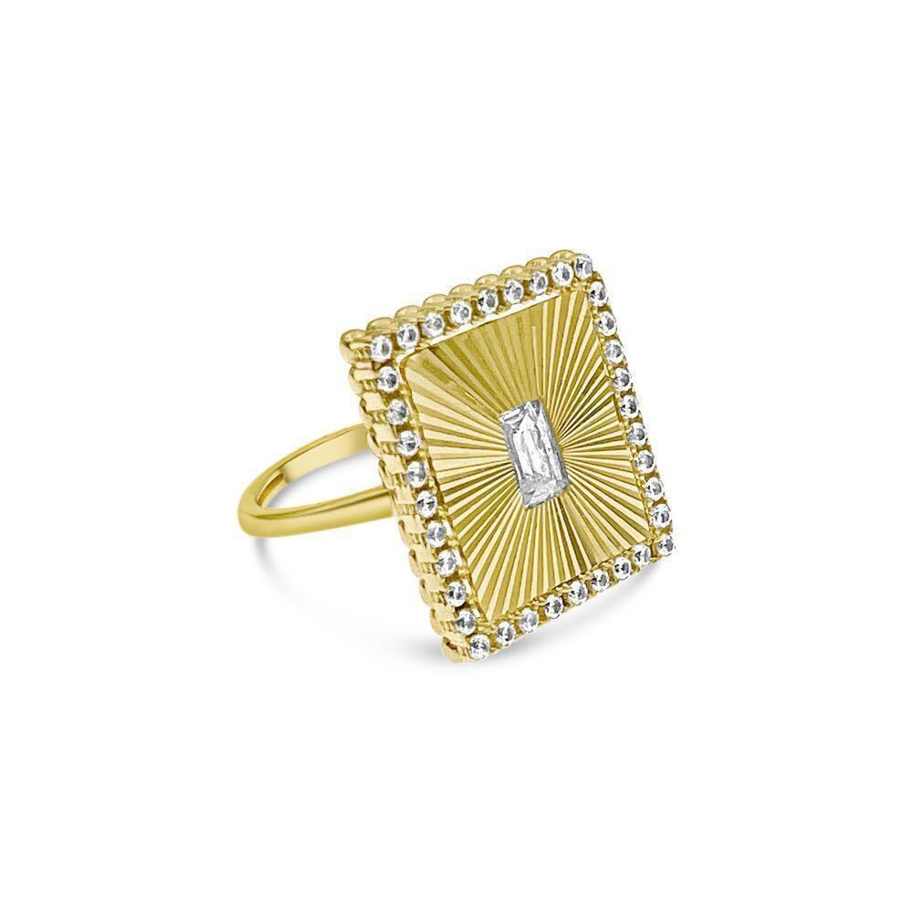 14K Yellow Gold Art Deco Sunburst Statement Ring CZ Womens